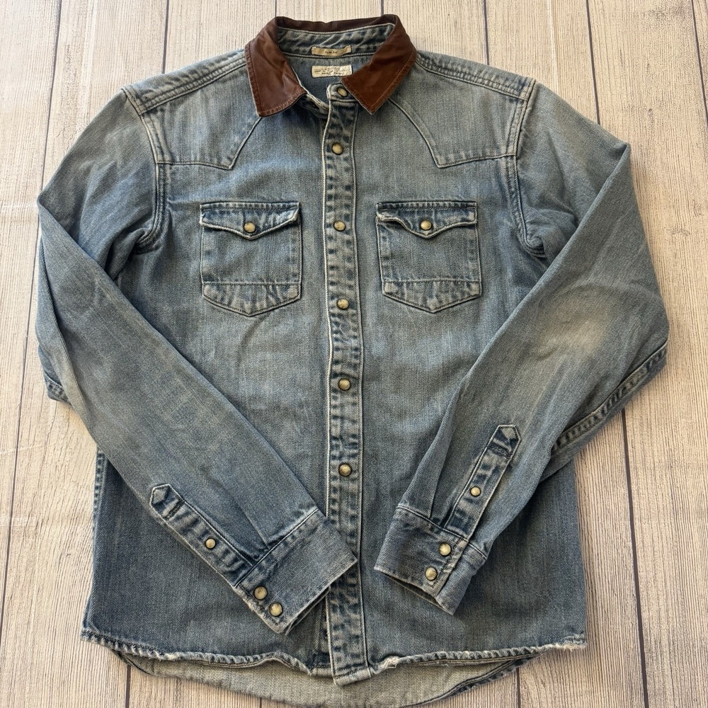 All Saints Men's Denim Button-Down Shirt with Brown genuine, 100% Leather Collar